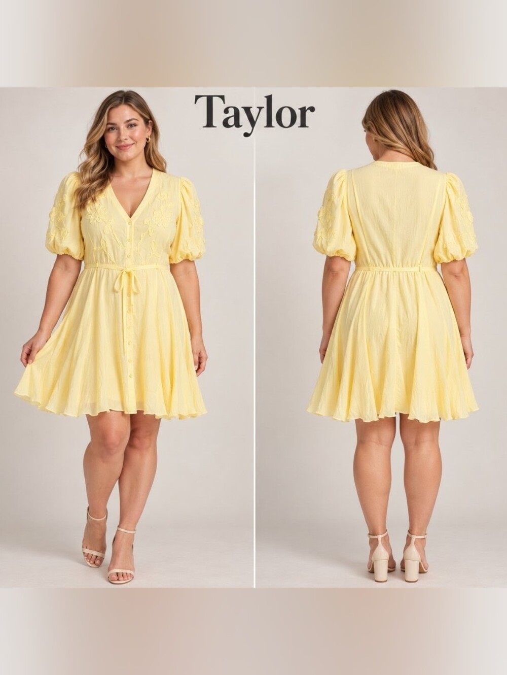 NWT Taylor Yellow Puff Sleeve Button Front Mini Dress Size 12